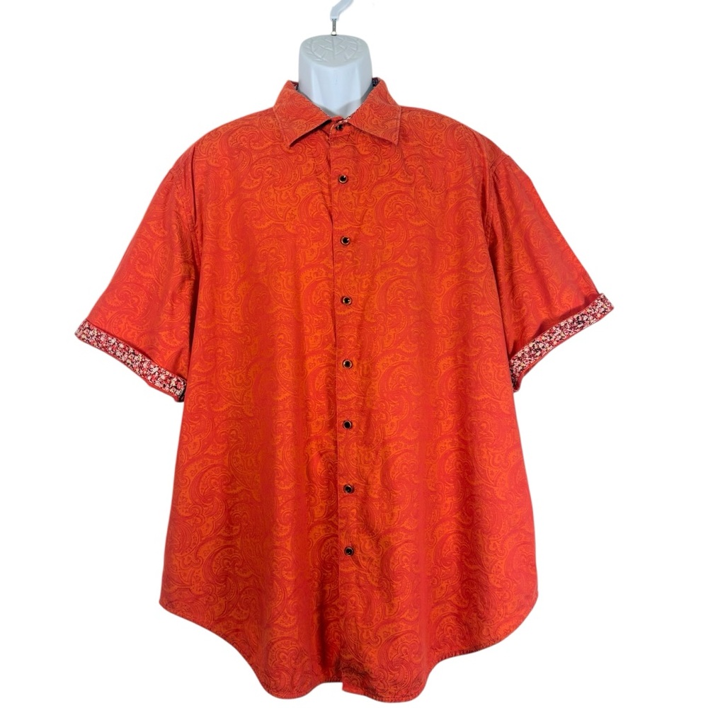 Robert Graham Orange Paisley Button Up Shirt Sz2X Luxury Cotton Short Sleeve